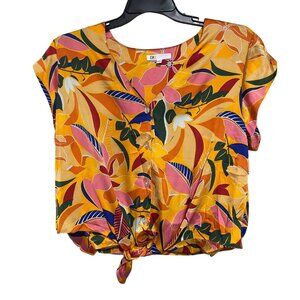 DR2 Floral Tie Front Short Sleeve Top Women XL Orange Floral Vibrant Resort Wear